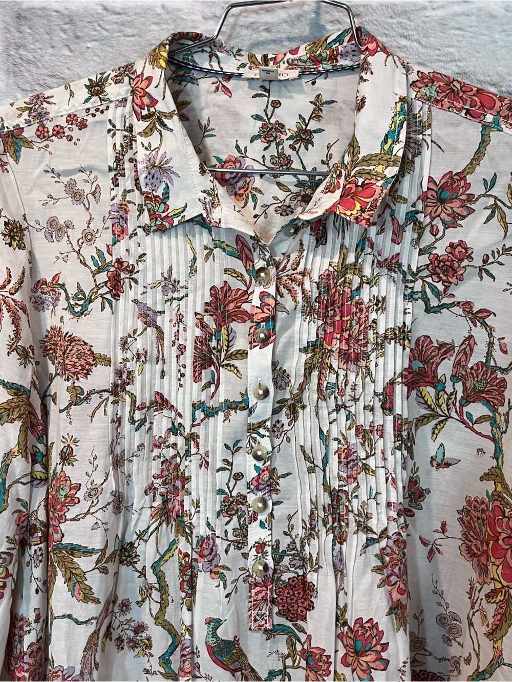 Anthropologie Pilcro Large - Jolie Pleated Peasant Blouse - Floral Peacocks - Picture 4 of 13